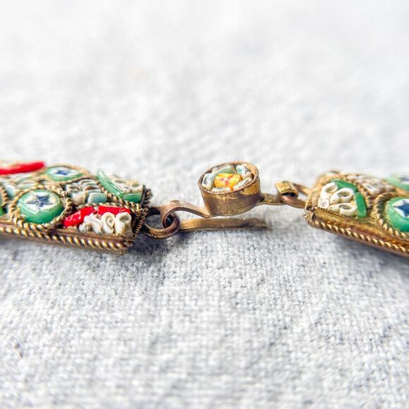 Antique Italian Micro Mosaic Bracelet - Gilt Brass - Estate Costume Jewelry - Picture 4 of 16